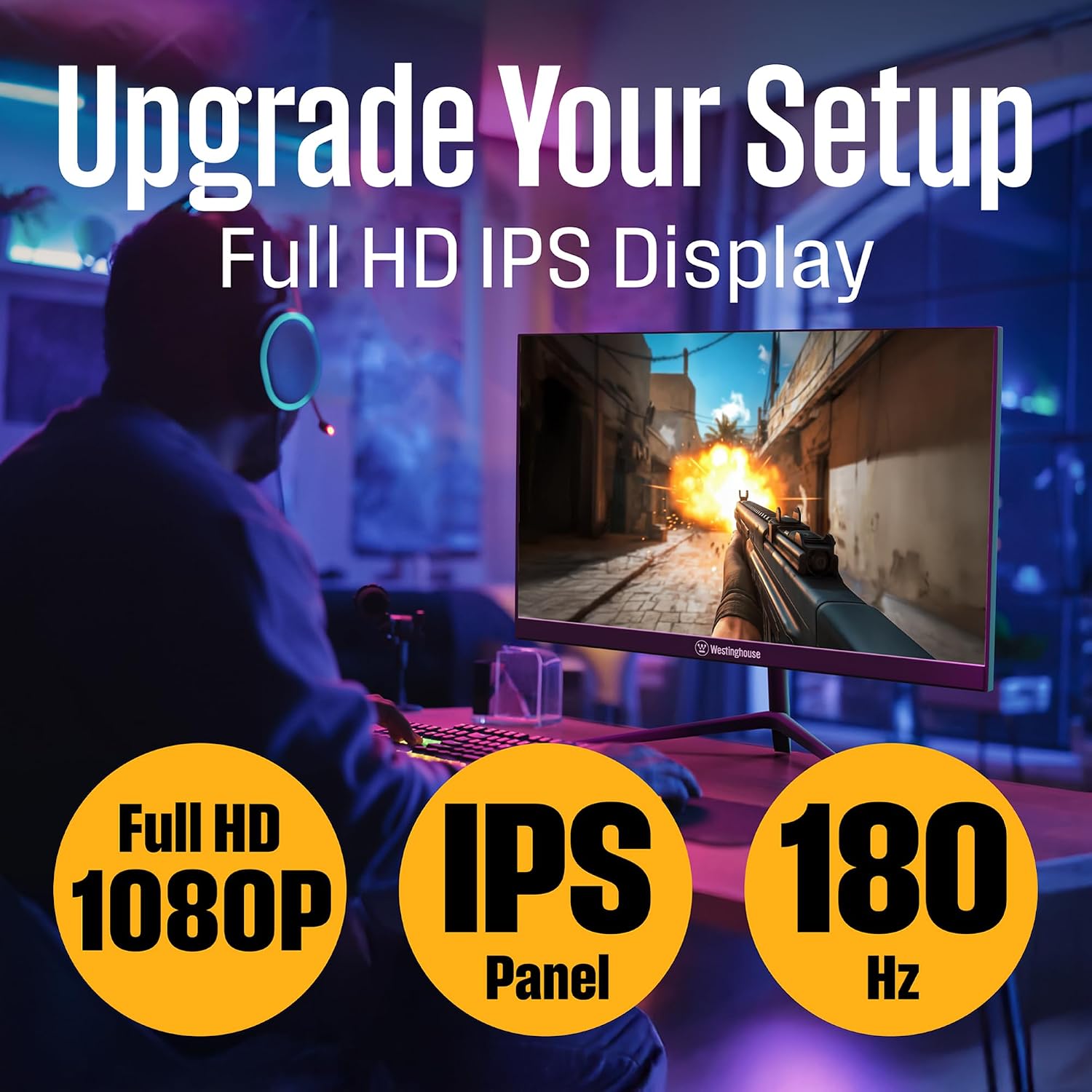 Westinghouse 24 Inch Gaming Monitor, IPS, 180Hz, 1ms, FHD 1080P, 110% sRGB, AMD FreeSync, Eyecare, Computer Monitor for Office, PC & Console Games, Built in Speakers, DisplayPort, HDMIx2/Gaming Mode