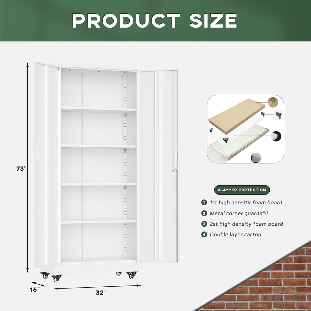 Greenvelly White Metal Storage Cabinet with Wheels, 73' Steel Garage Rolling Cabinet with Doors and 4 Shelves, Tall Locking Cabinets Tool Lockable Storage Cabinets for Basement, Pantry, Home Office
