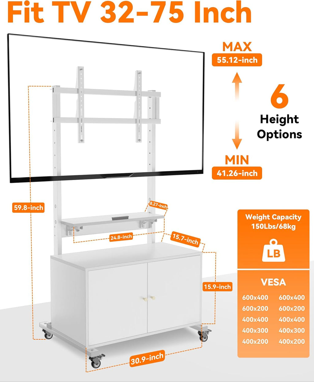 Entertainment Center with TV Mount,Rolling TV Stand with Storage Suitable for 32-75in Screen,TV Floor Stand on Wheels with Foldable Table,Height Adjustable Mobile TV Stand for Outdoor and Living Room