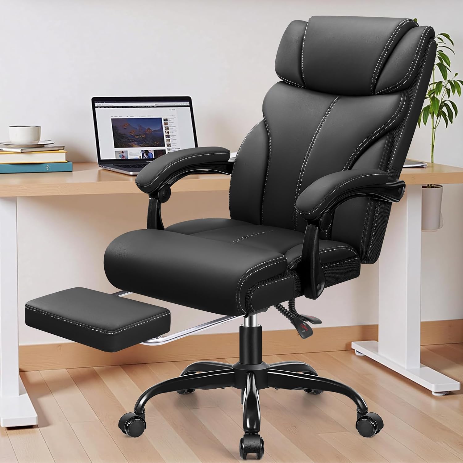 HeroSet Office Chair, Executive Big and Tall Leather Desk Chairs with Footrest, Ergonomic Breathable Computer Chair with Adjustable High Back, Lumbar Support Swivel PC Chairs