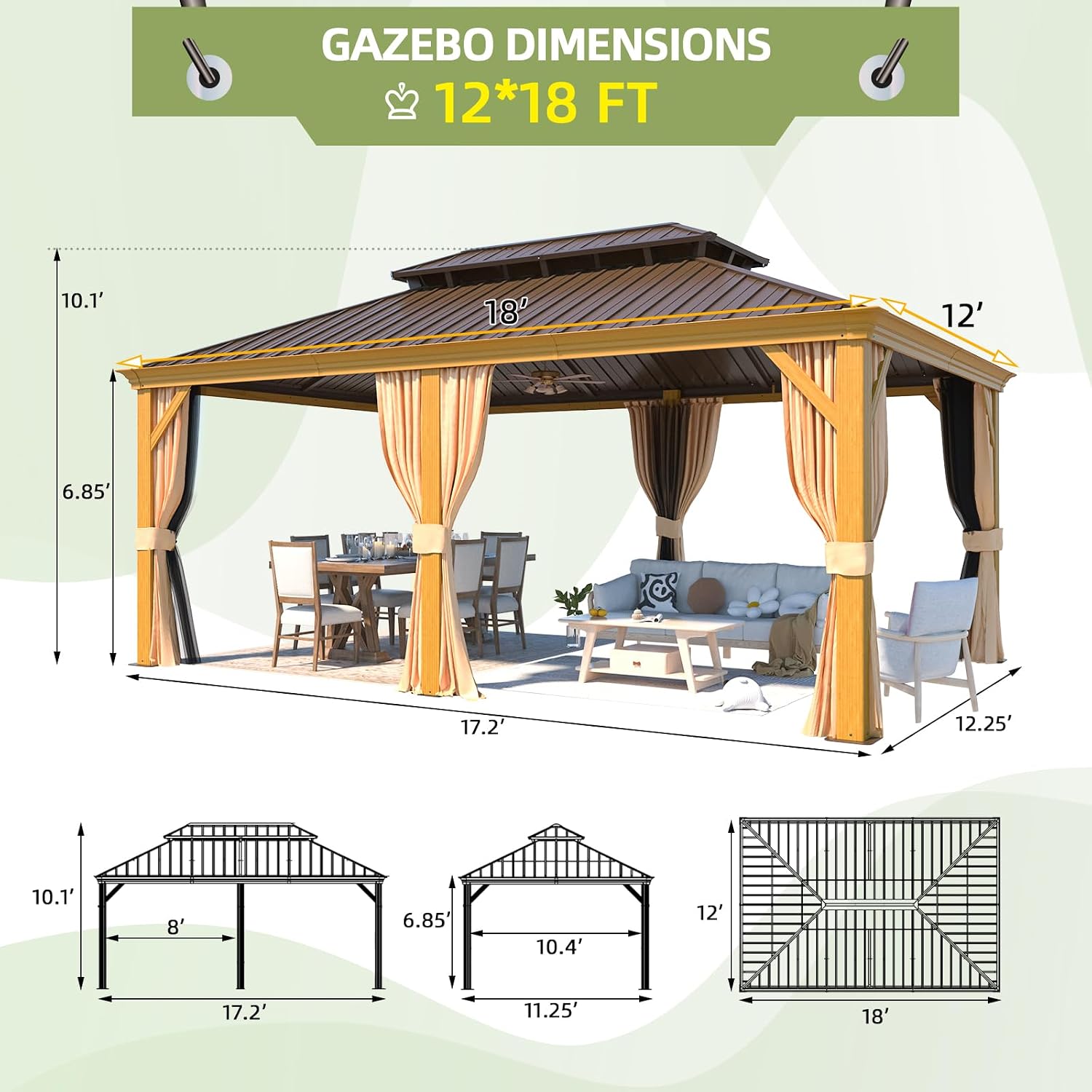MELLCOM 12'x18' Hardtop Gazebo, Wood Grain Aluminum Frame with Galvanized Steel Double Roof and Water Gutter, Outdoor Permanent Metal Pavilion with Curtains and Nettings for Patios, Gardens and Lawns