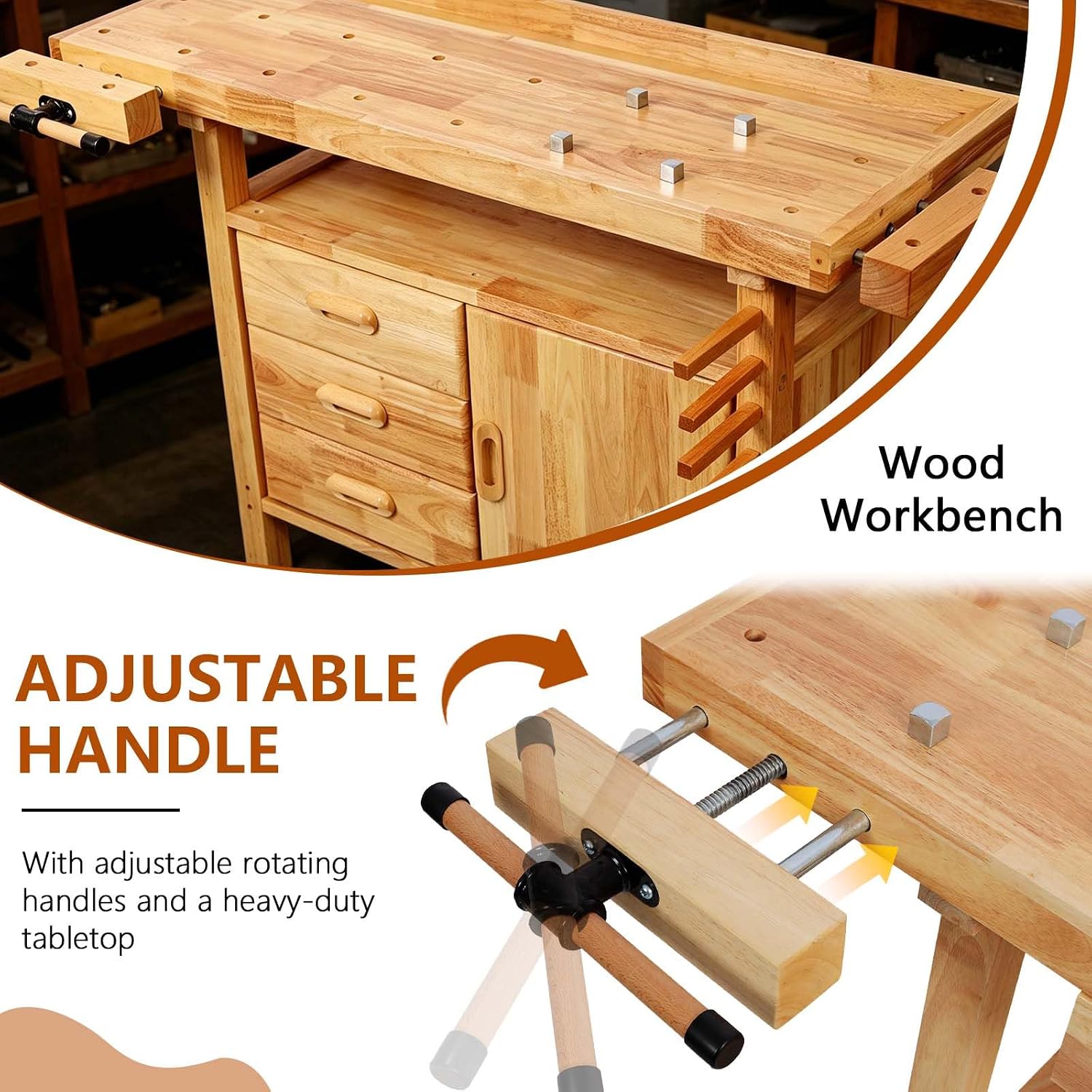 55' Rubber Wood Workbench, Heavy Duty Work Bench with Drawer& Shelf, Work Bench Table for Garage, Workshop, Home Storage, Woodworking Bench, 330 lbs Weight Capacity (50')