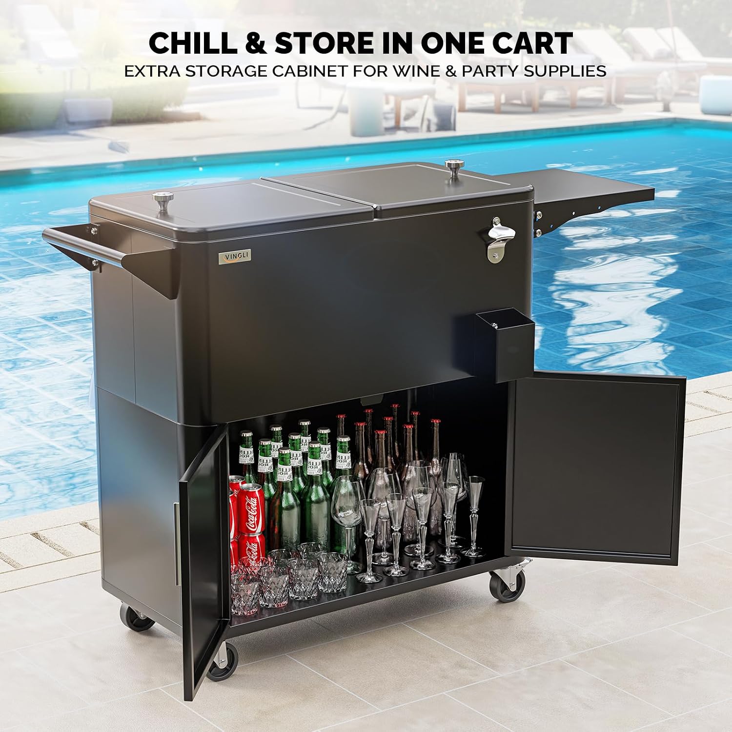 VINGLI Patio Cooler, Ice Chest with Storage Cabinet, Bottle Opener Drainage, Outdoor Cooler for Party, Deck, Pool
