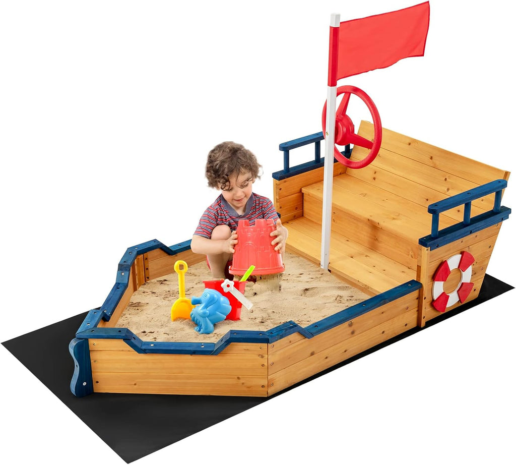 Costzon Pirate Boat Wood Sandbox for Kids, Wooden Pirate Sandpit w/Bench Seat, Storage Space, Ground Liner, Realistic Flag Rudder Buoy, Children Outdoor Playset for Backyard, Home, Lawn, Garden