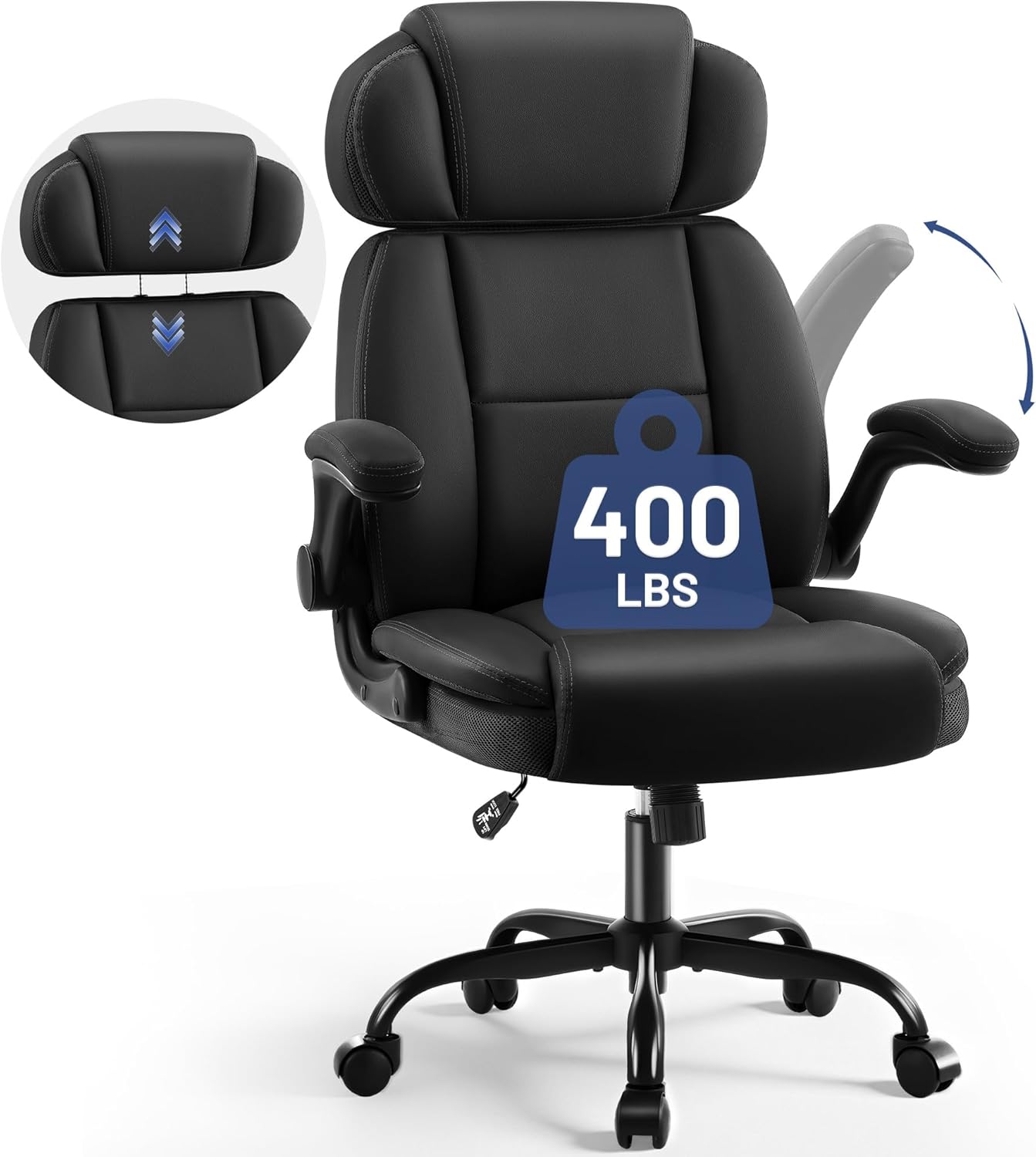 AreShark Ergonomic Office Chair with Lumbar Support, 400lbs Heavy Duty Big and Tall Executive Desk Chair, PU Leather High Back Computer Chair with Flip-Up Arms & Adjustable Headrest, Black