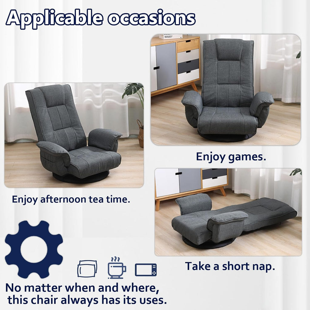 360 Degree Swivel Floor Chairs for Adults, Gaming Floor Chair with Back Support, 14 Angles Adjustable Comfortable Floor Lounge Chair Folding Video Game Chairs Office Bedroom 201 (Dark Grey)