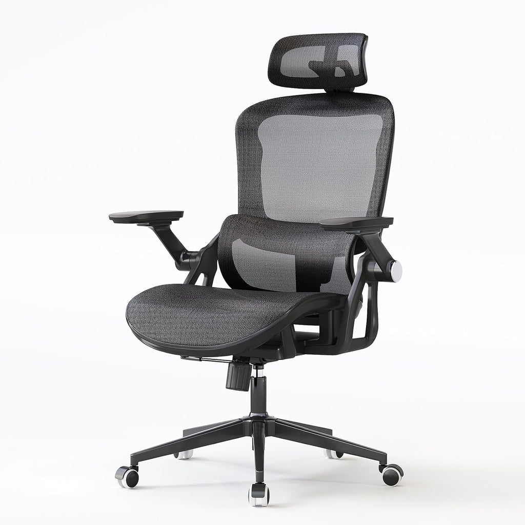 Office Chair Ergonomic Desk Chair with Lumbar Support&Headrest&Flip-up Arms Height Adjustable Rocking Swivel High Back Computer Chair Multi-Angle from 90° to 130° with 350LBS Capacity(04black)