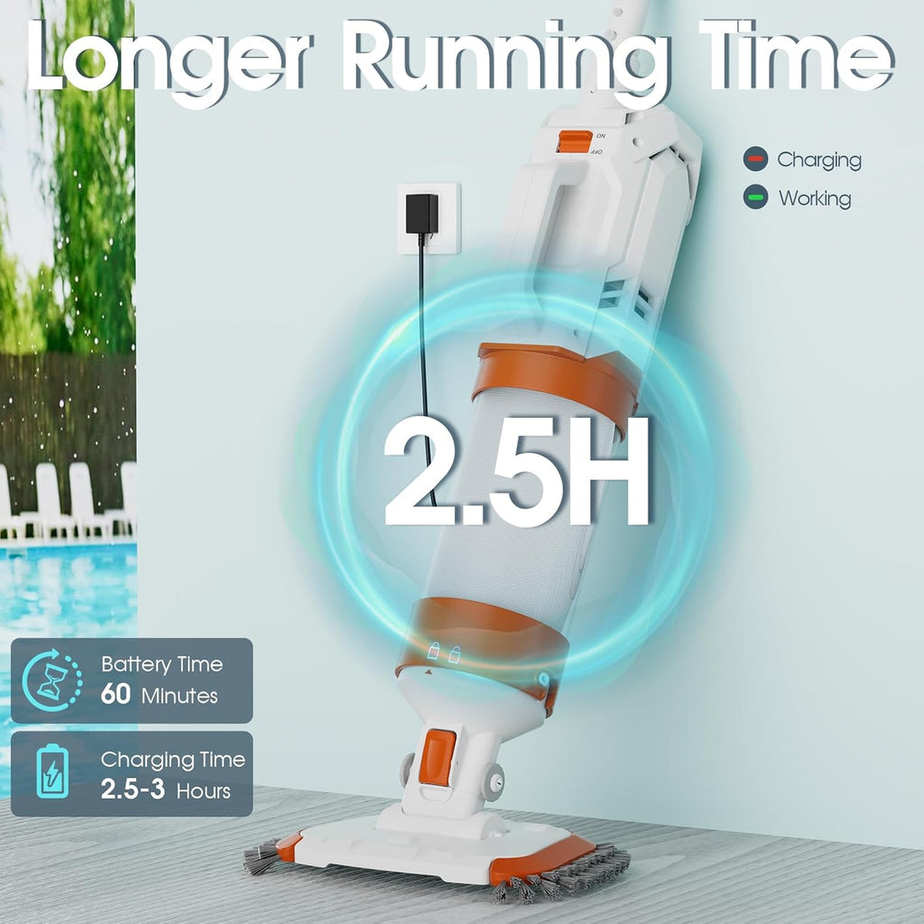 Cordless Pool Vacuum-True Powerful Suction 18.9GPM, 130inch, 1H Runtime, 25µm Fluff Ultra Fine Filter,Handheld Rechargeable Hot Tub Cleaner with Poles for Above Ground&Inground Pool