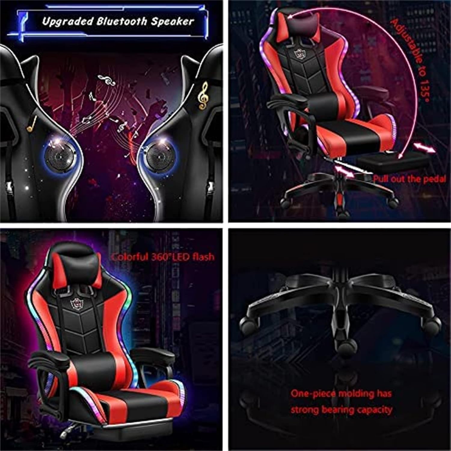 Gaming Chair with Bluetooth Speakers, Video Game Chairs with LED Light, Full Massage Lumbar Support and Backrest Adjustable Ergonomic Pro Computer Chair with Retractible Footrest,Black