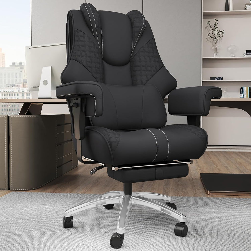 400lbs Big and Tall Office Chair, Wide Ergonomic Leather Executive Chair for Heavy People with Foot Rest, High-Back Reclining Computer Chair with Swivel Wheels and Lumbar Support (Black)