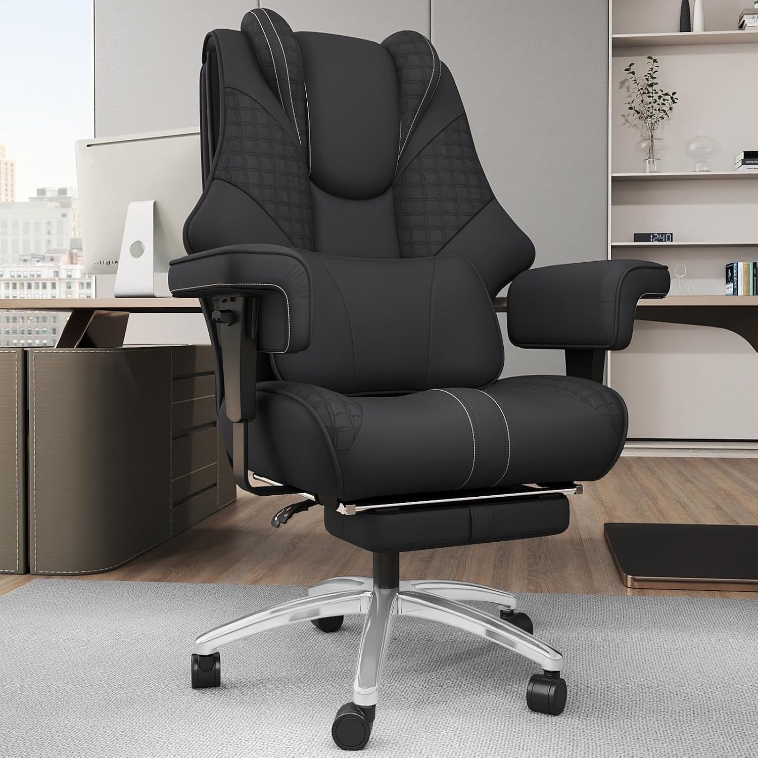 400lbs Big and Tall Office Chair, Wide Ergonomic Leather Executive Chair for Heavy People with Foot Rest, High-Back Reclining Computer Chair with Swivel Wheels and Lumbar Support (Black)