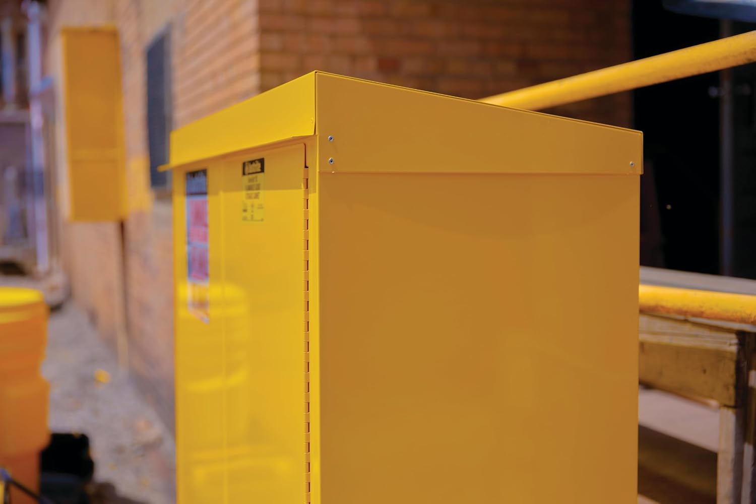 Justrite Reinforced Steel Outdoor Flammable Liquid Storage Cabinet, 2 Shelves with 350 lb. Capacity, 2 Self-Close Door Fire Cabinet, 30 Gallon, 44'x 43'x 18', Made in The USA, Yellow, 813020