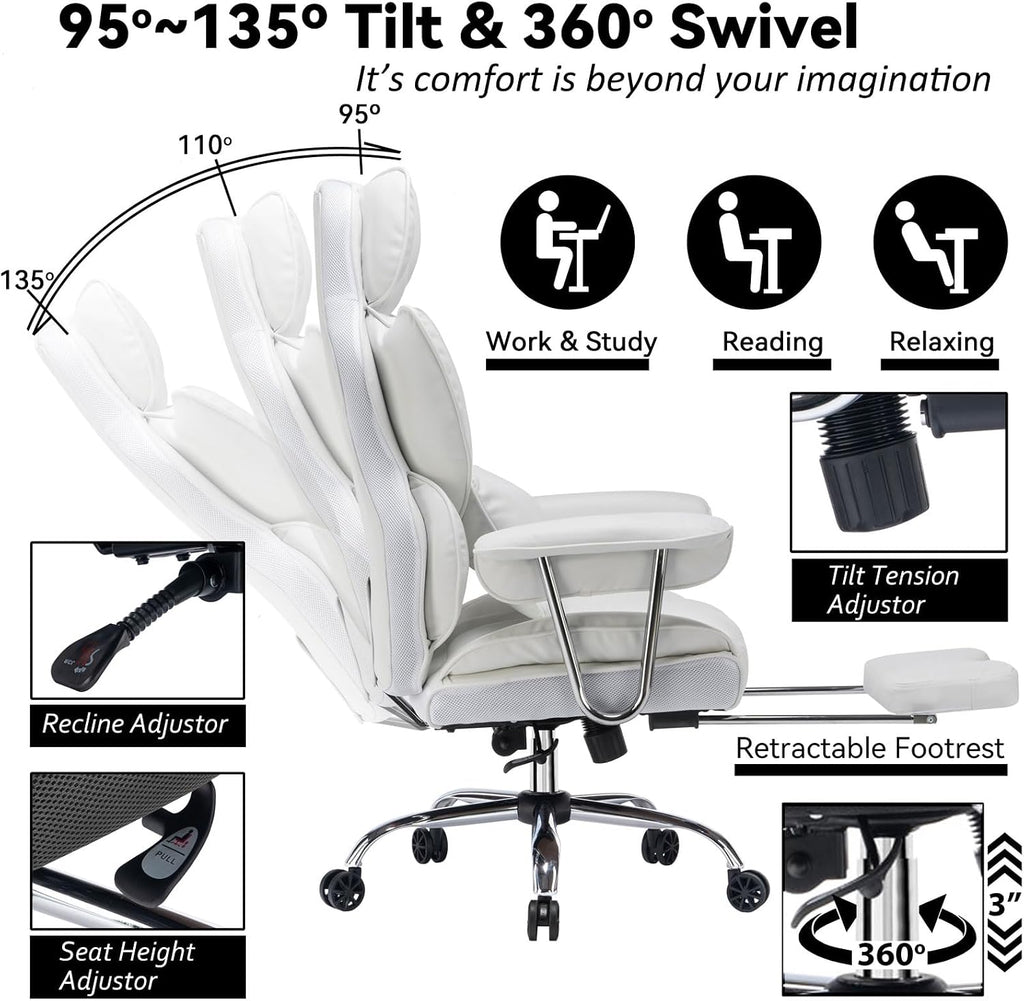 Efomao Big and Tall Office Chair 400lbs – High Back Executive Chair with Swivel Base, PU Leather Upholstery, Lumbar Pillow, Padded Armrests, and Rolling Wheels，White Computer Chair
