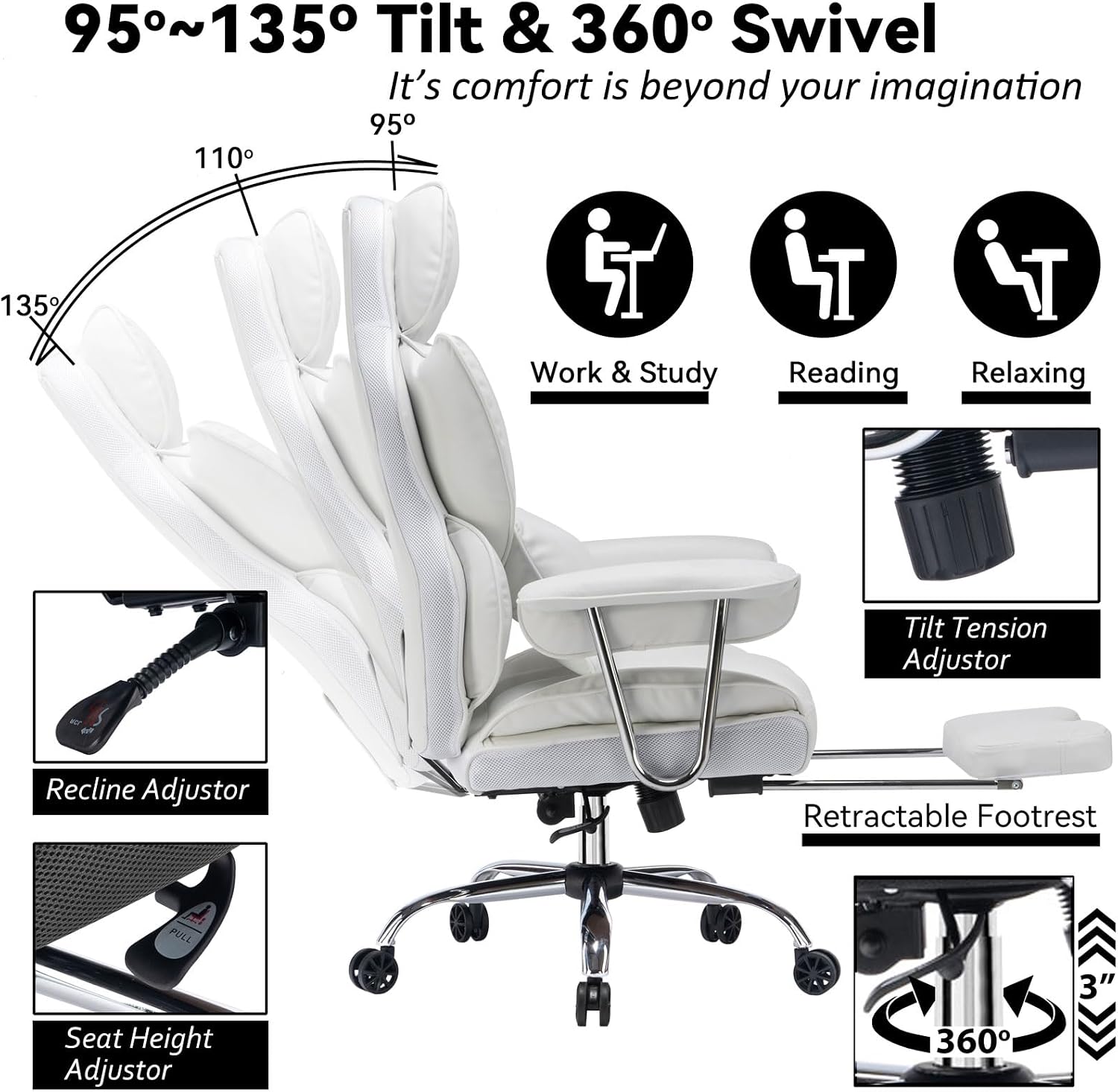 Efomao Big and Tall Office Chair 400lbs – High Back Executive Chair with Swivel Base, PU Leather Upholstery, Lumbar Pillow, Padded Armrests, and Rolling Wheels，White Computer Chair