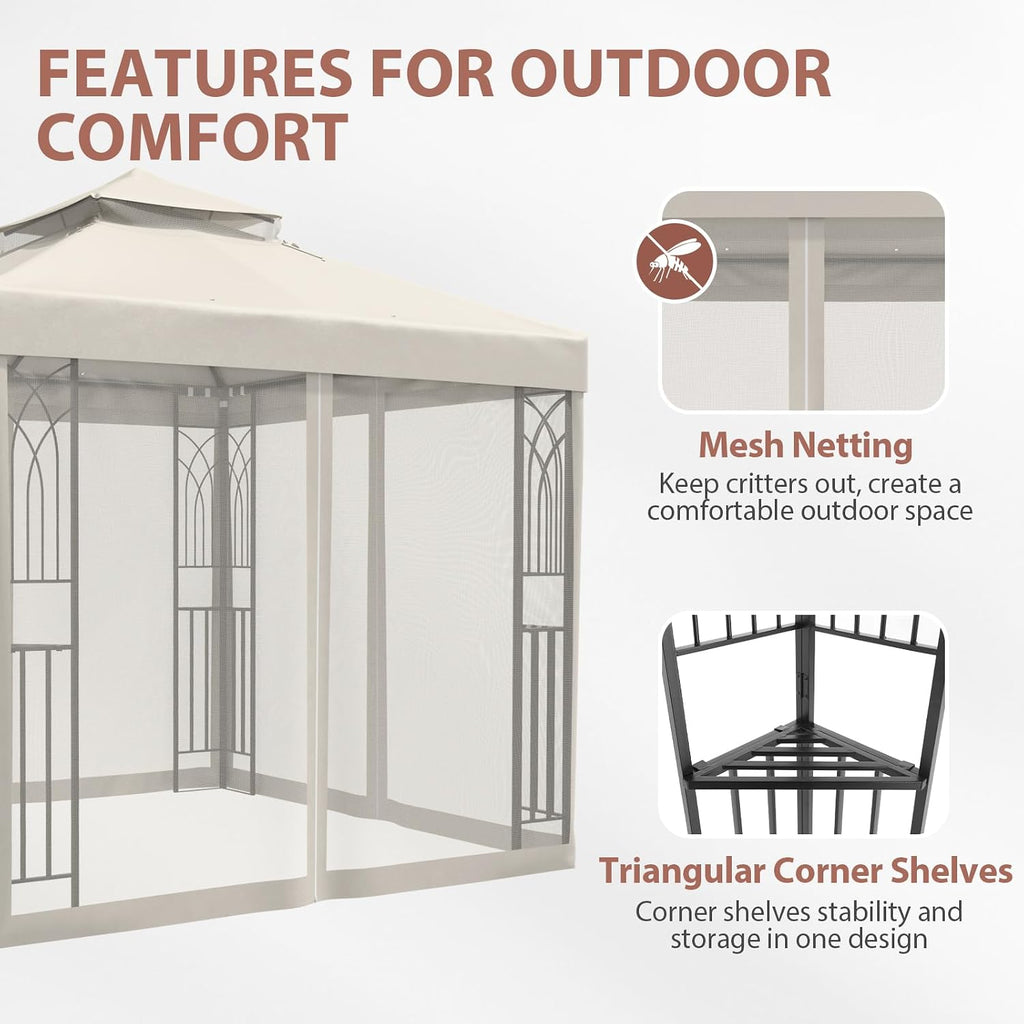 EAGLE PEAK 8x8 Patio Gazebo with Mesh Netting, Double Roof Outdoor Pavilion with Corner Shelves for Lawn, Deck, Garden and Backyard, Beige
