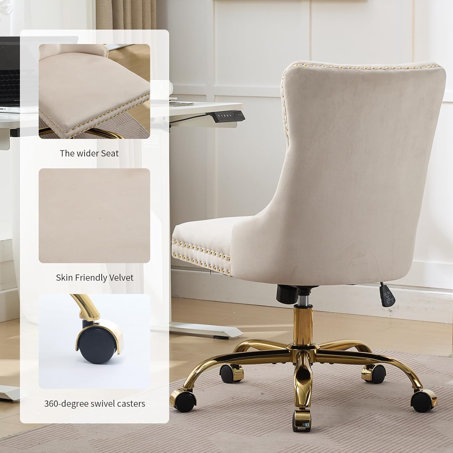 Beige Velvet Home Office Desk Chair with Wheels & Gold Base, Cute Makeup Vanity Chair with Tufted Back for Women Girls, Upholstered Adjustable Swivel Armless Office Chair for Bedroom, Beige