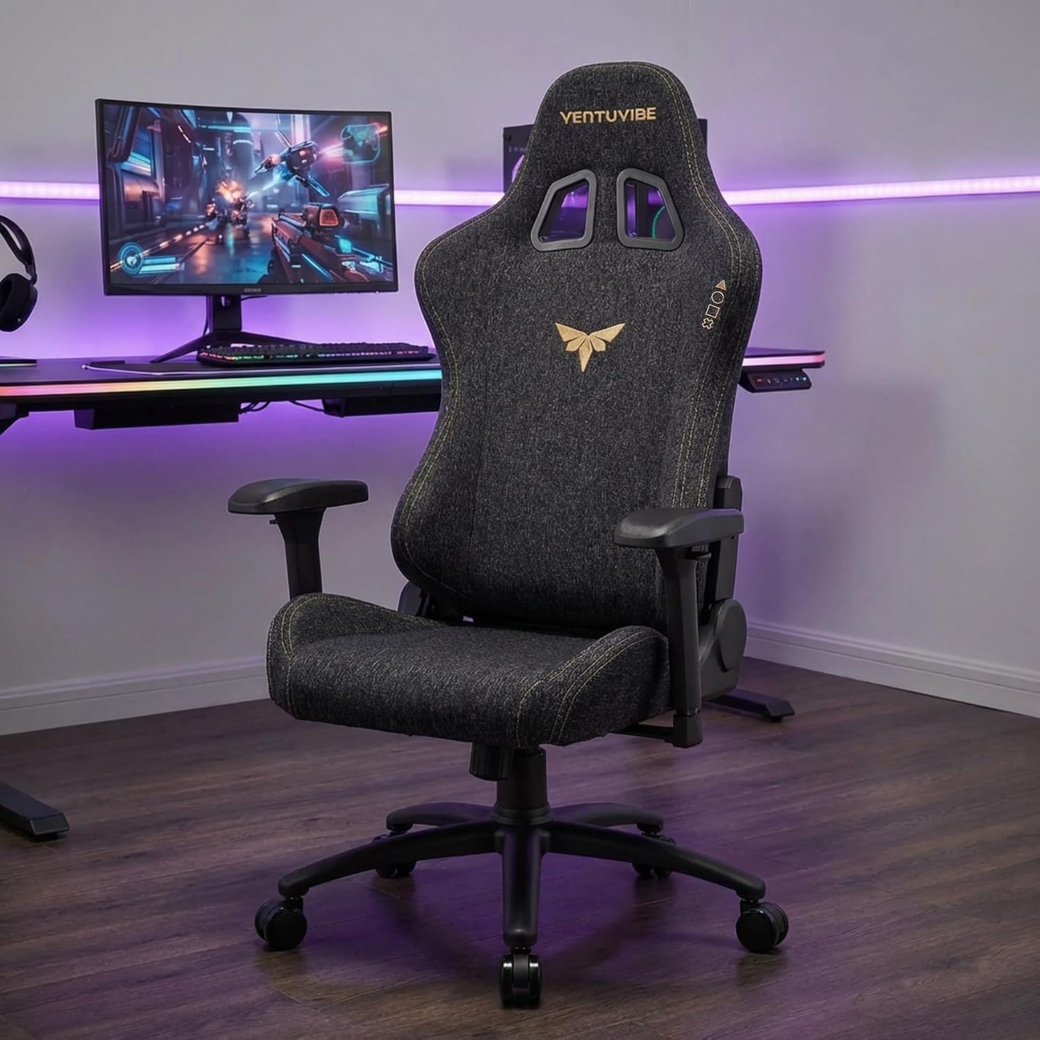 Gaming Chair 4D Adjustable Armrests - 170° Reclining & 320lb Capacity, High Back Ergonomic Computer Chair with Lumbar Support, Fabric Office Chair for Adults (Black)
