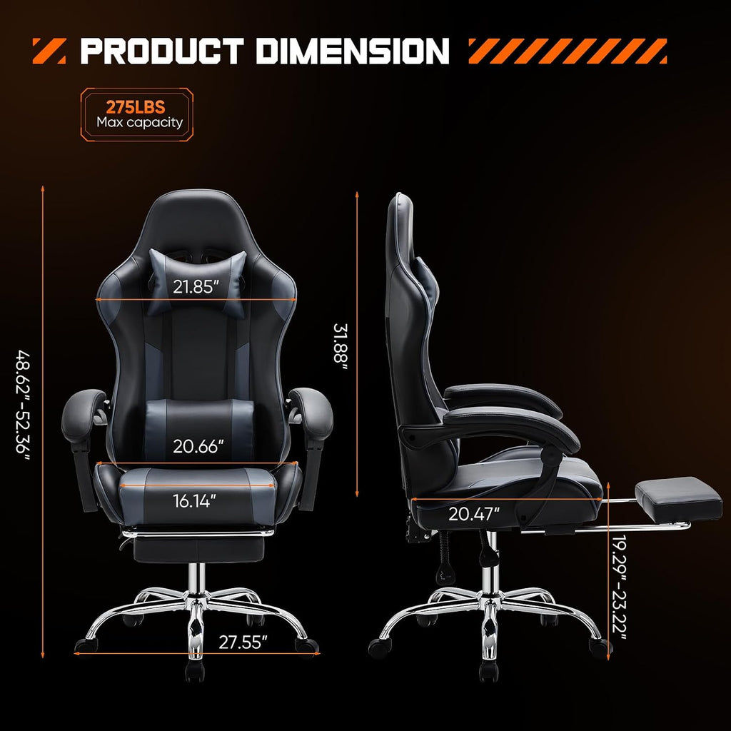 Sweetcrispy Computer Gaming Chair with Footrest, Ergonomic High Back PU Leather Video Racing Chair with Adjustable Headrest & Linkage Armrest, for Office and Home, Adults, Grey
