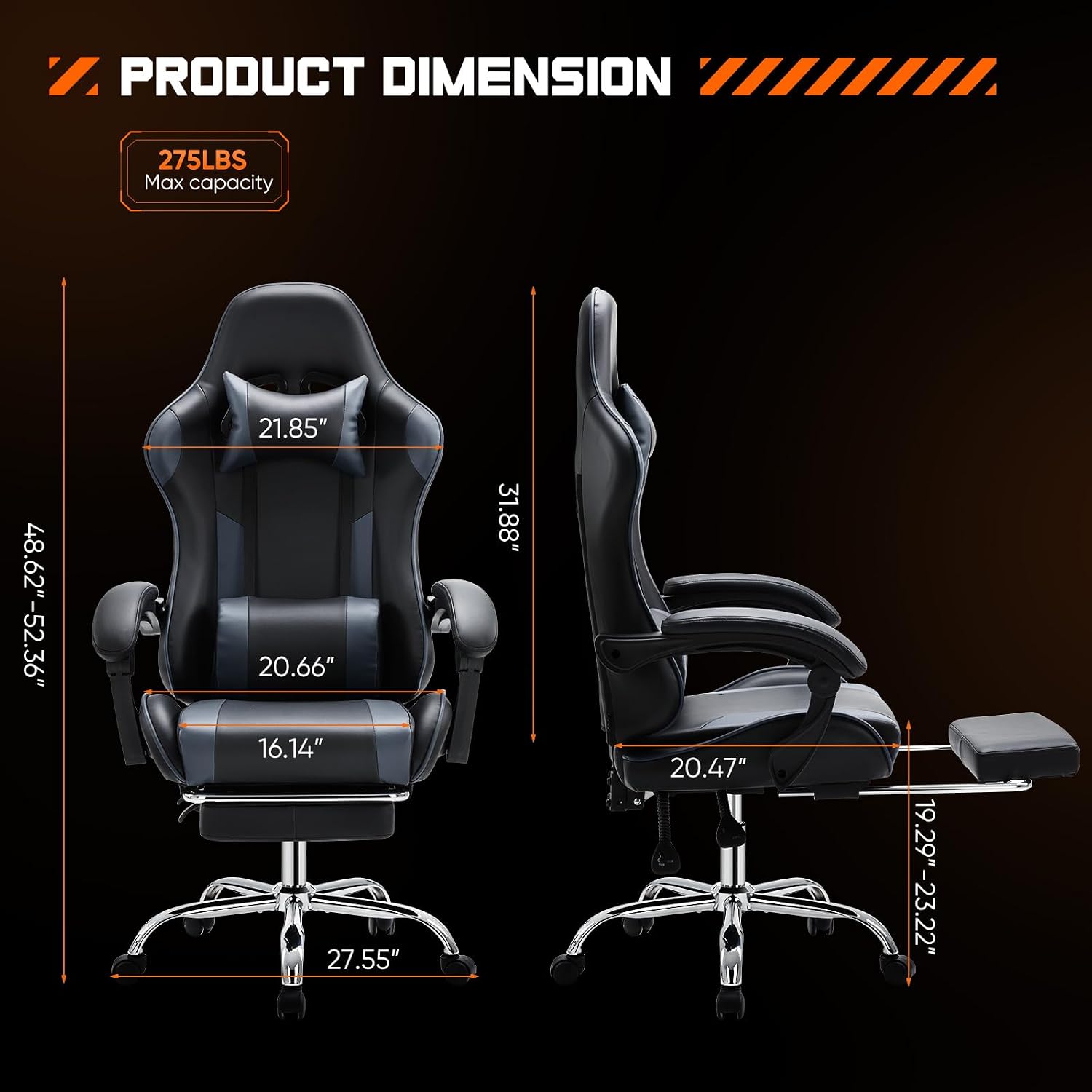 Sweetcrispy Computer Gaming Chair with Footrest, Ergonomic High Back PU Leather Video Racing Chair with Adjustable Headrest & Linkage Armrest, for Office and Home, Adults, Grey