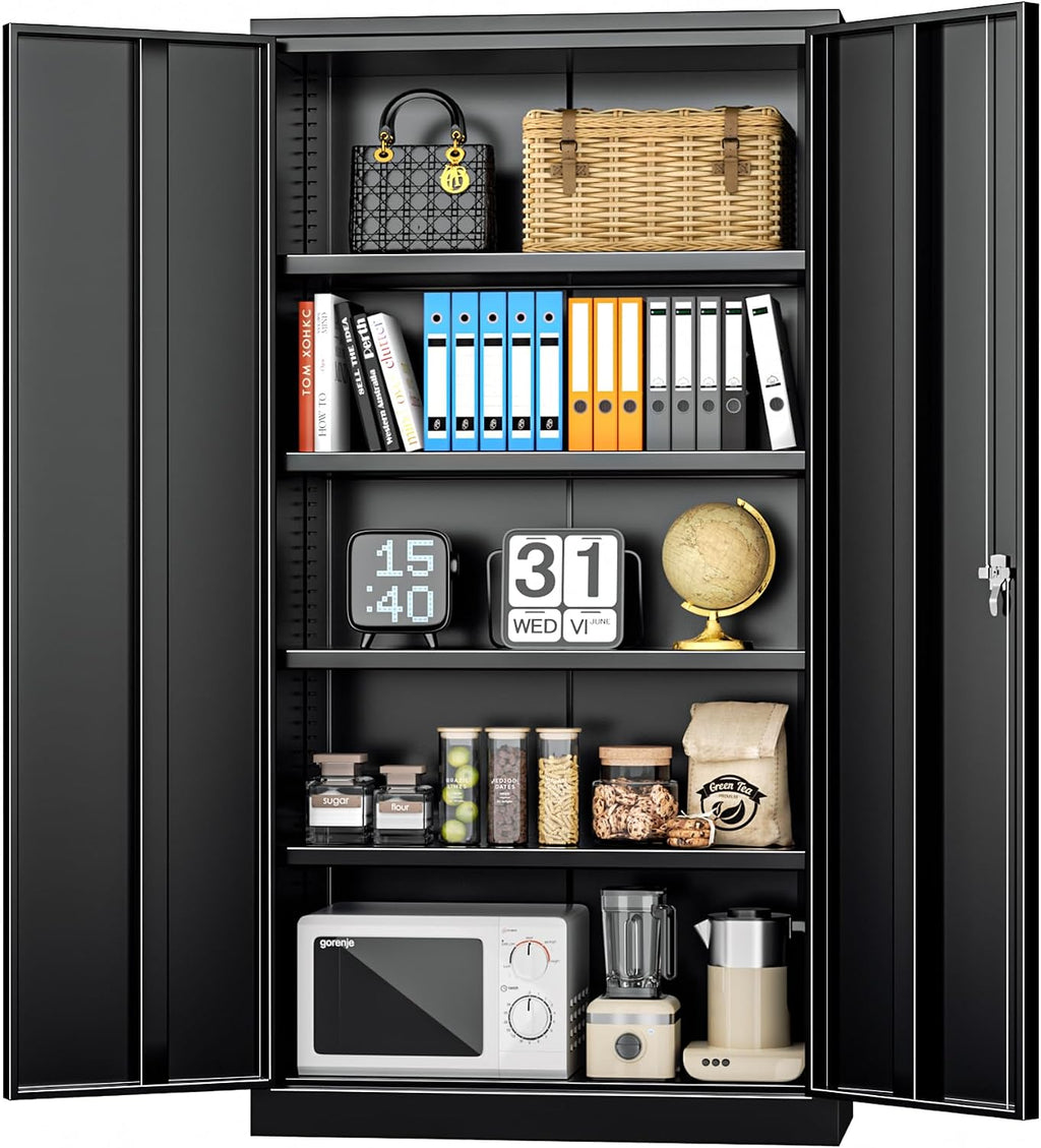 INTERGREAT Black Metal Storage Cabinet Doors, 72' Locking Steel Storage Cabinet with Shelves, Tall Metal Cabinet Lockable Steel Cabinets for Home Office, Garage
