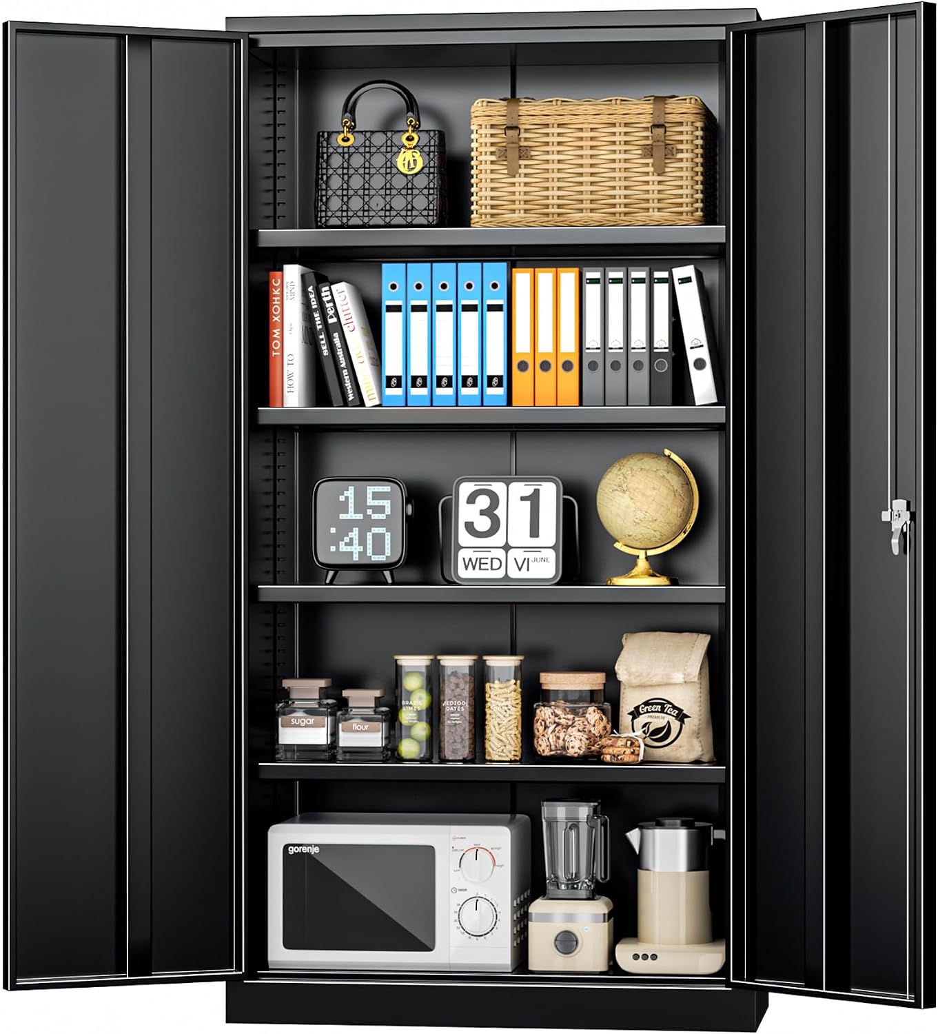 INTERGREAT Black Metal Storage Cabinet Doors, 72' Locking Steel Storage Cabinet with Shelves, Tall Metal Cabinet Lockable Steel Cabinets for Home Office, Garage