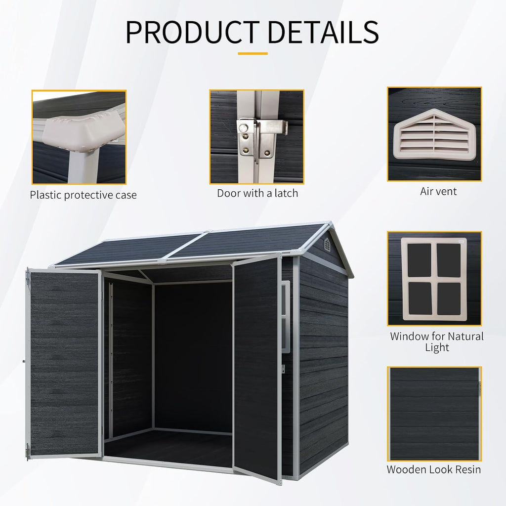 8x6 FT Resin Storage Sheds Outdoor with Floor, 2 Windows & Lockable Door Storage Shed - Waterproof Garden Tool Shed, Patio & Backyard Tool Storage Cabinet Use - Black