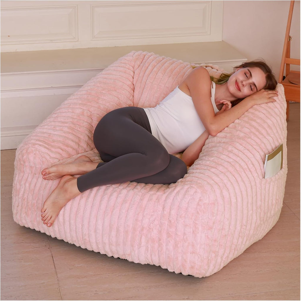 Bean Bag Chair with Memory Foam Filling- Large Stuffable Soft Giant Beanbag Reading Chair, Adults Lounge Gaming Lazy Sofa Bed for Living Room Bedroom- Pink,Stripe Fur