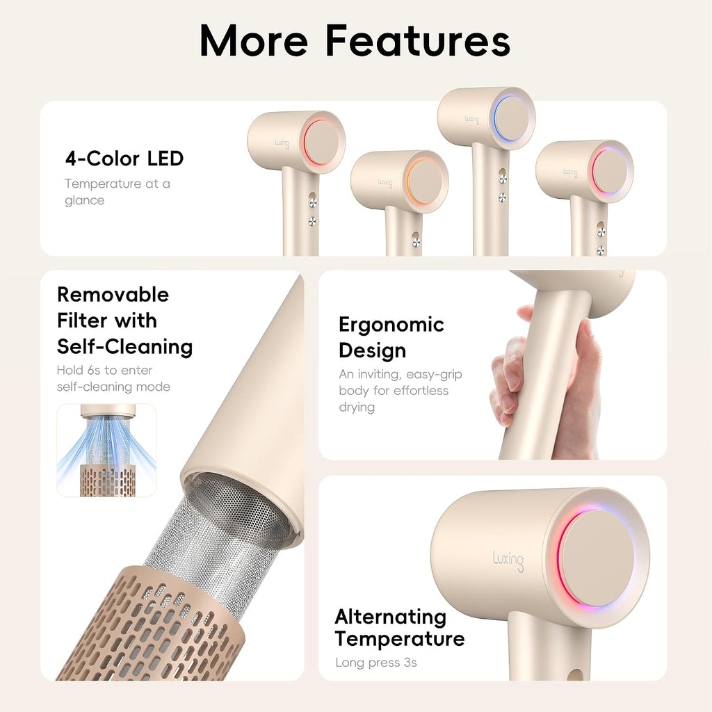 Hair Dryer, TurboLux Ionic 200 Million Negative Ions Fast Drying High Speed Hairdryer with Diffuser, Lightweight, Low Noise 1500W Hair Diffuser Dryer with 110000 RPM Brushless Motor (Cream)