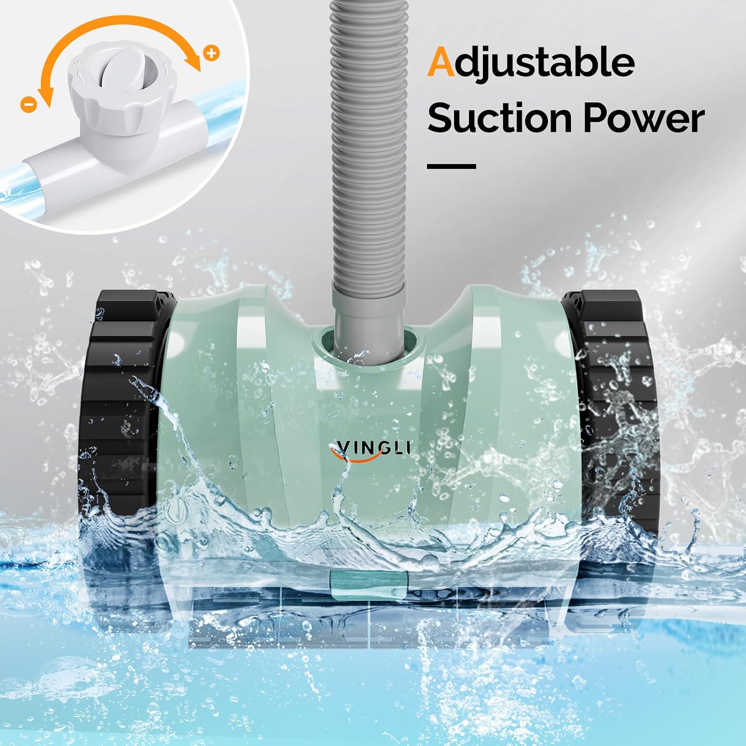 (2025 Upgrade) VINGLI Pool Vacuum Cleaner, Suction Side Wall-Climbing Sweeper for Ground&Inground Pools, Automatic Pool Vacuum with 39.6ft Tangle-Free Hose (Mint Green&Gray)