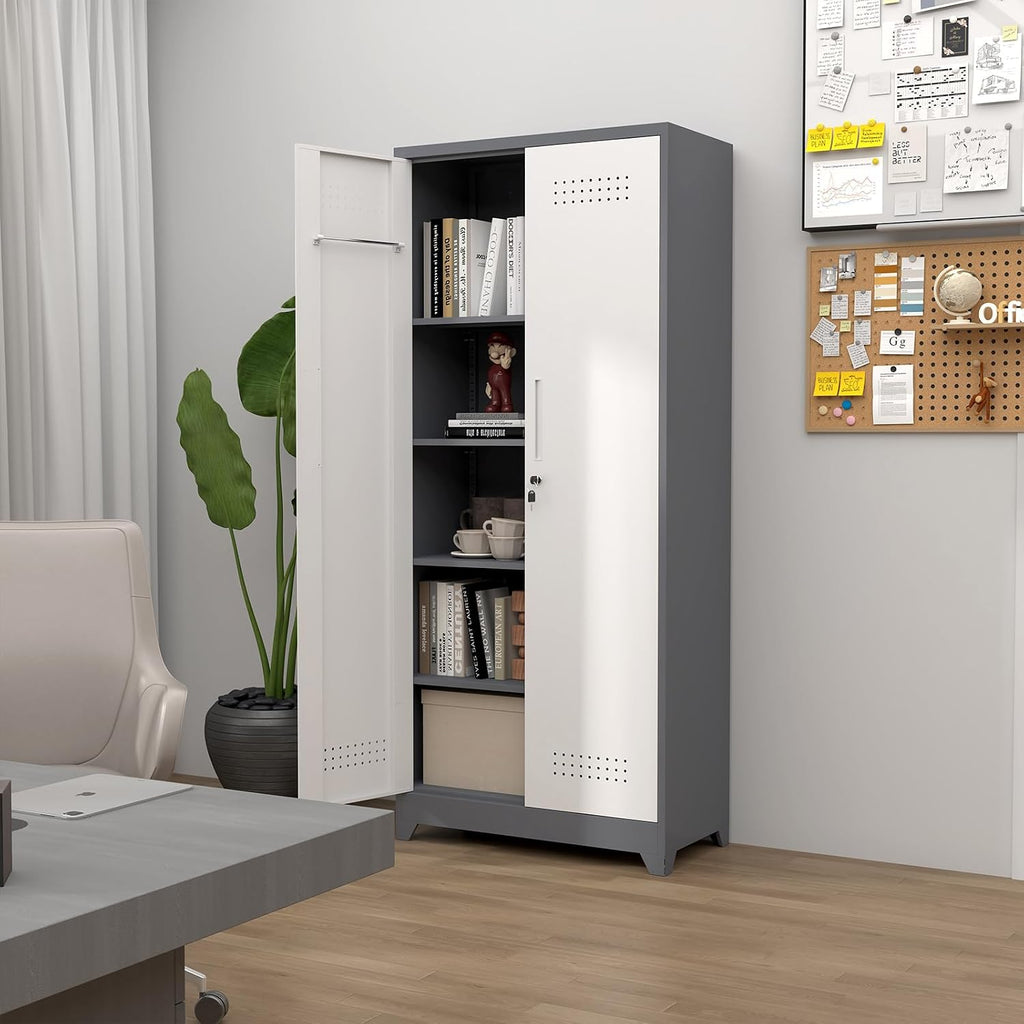 Broom Storage Cabinet, Metal Cabinet with Shelves and Hanging Rod, 72.8' Utility Cabinets with Locking Door, Tall Cleaning Storage for Kitchen, Pantry, Office, Shop, Garage