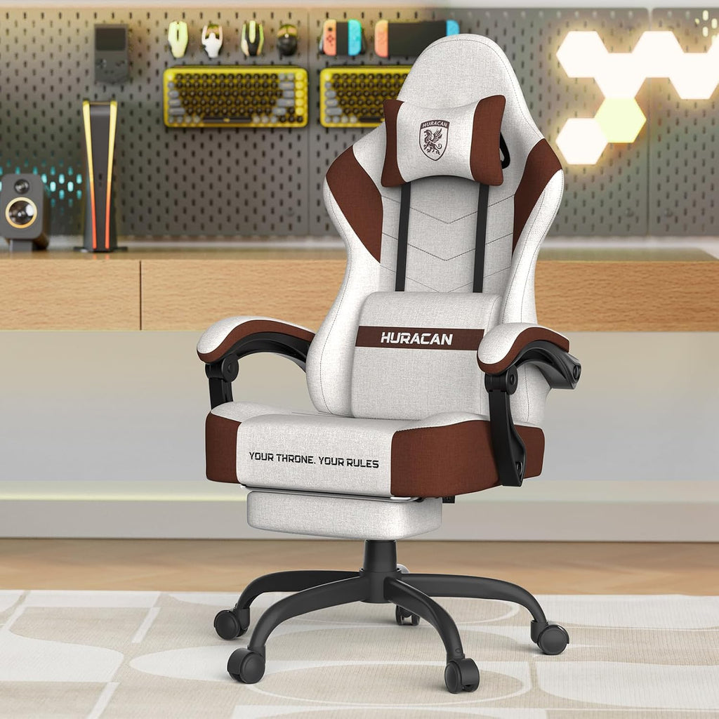 Ferghana Cotton Fabric Gaming Chair with Wider Seat Cushion, Shield-Shaped Embroidery Ergonomic High Back Game Chair with Footrest, Computer Chair with Massage Lumbar Support for Adult, Brown