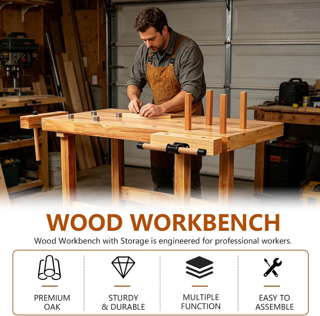 40' Rubber Wood Workbench, Heavy Duty Work Bench with Adjustable Handle, Work Bench Table for Garage, Workshop, Home Storage, Woodworking Bench, 330 lbs Weight Capacity (40')