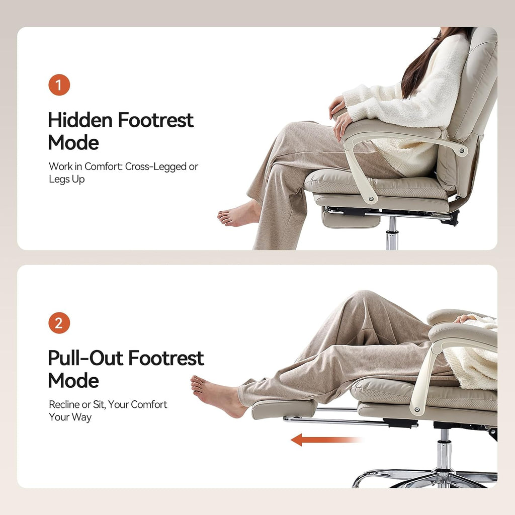 EMIAH Ergonomic Office Chair with Foot Rest Criss Cross Chair with Wheels Reclining Executive Office Chair Mid Back PU Leather Swivel Computer Chairs Lumbar Support for Home Office (Beige)