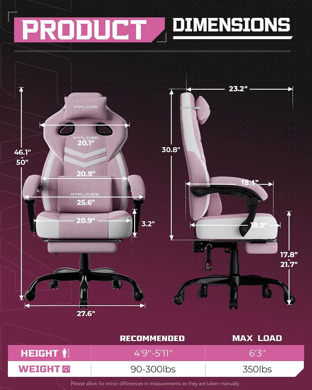 GTPLAYER Gaming Chairs for Adult - Ergonomic Big & Tall Gaming Seat with Footrest & Lumbar Support, Comfortable Office Chair 90-155° Reclining - Heavy Duty Wide Computer Seat, Pink