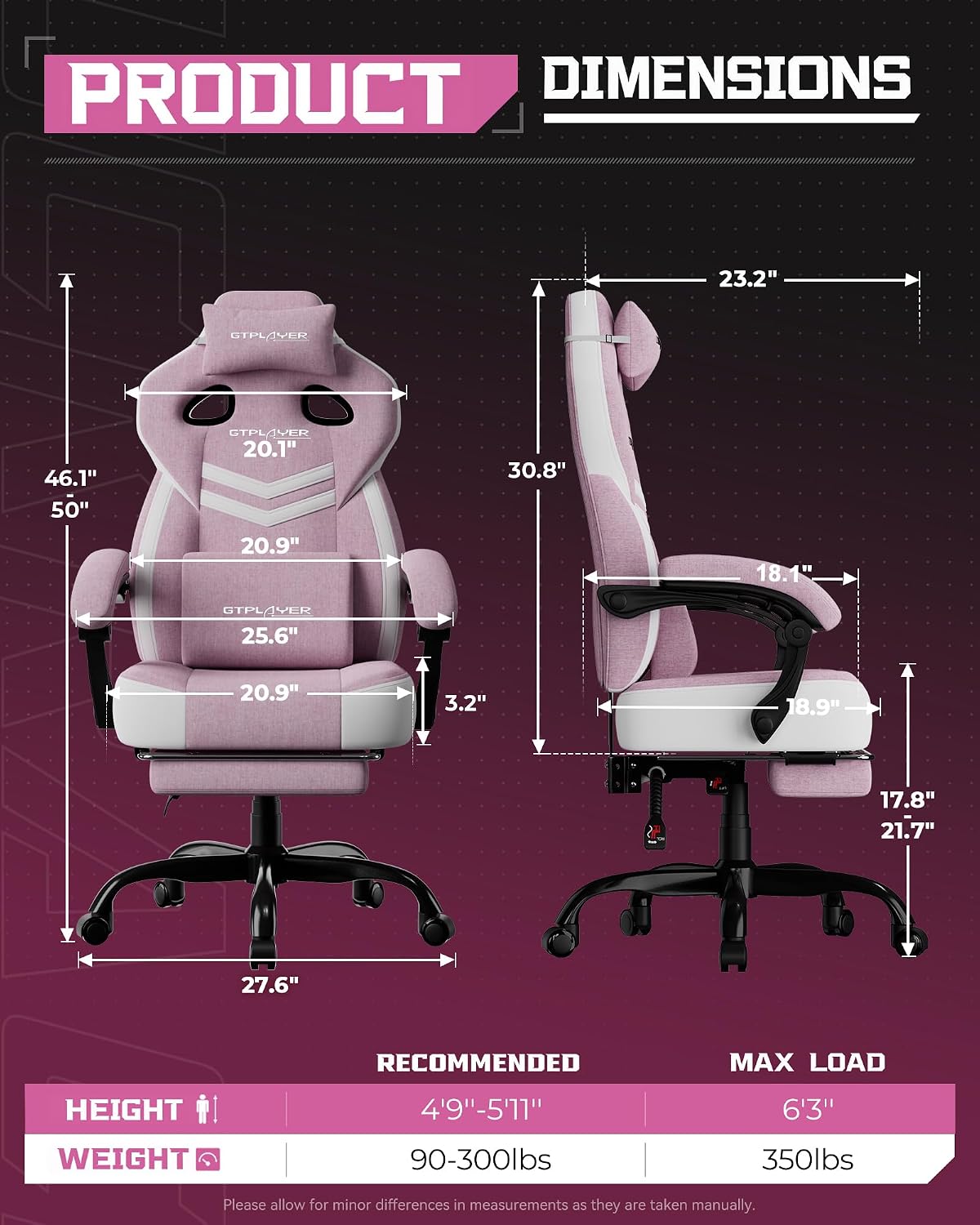 GTPLAYER Gaming Chairs for Adult - Ergonomic Big & Tall Gaming Seat with Footrest & Lumbar Support, Comfortable Office Chair 90-155° Reclining - Heavy Duty Wide Computer Seat, Pink