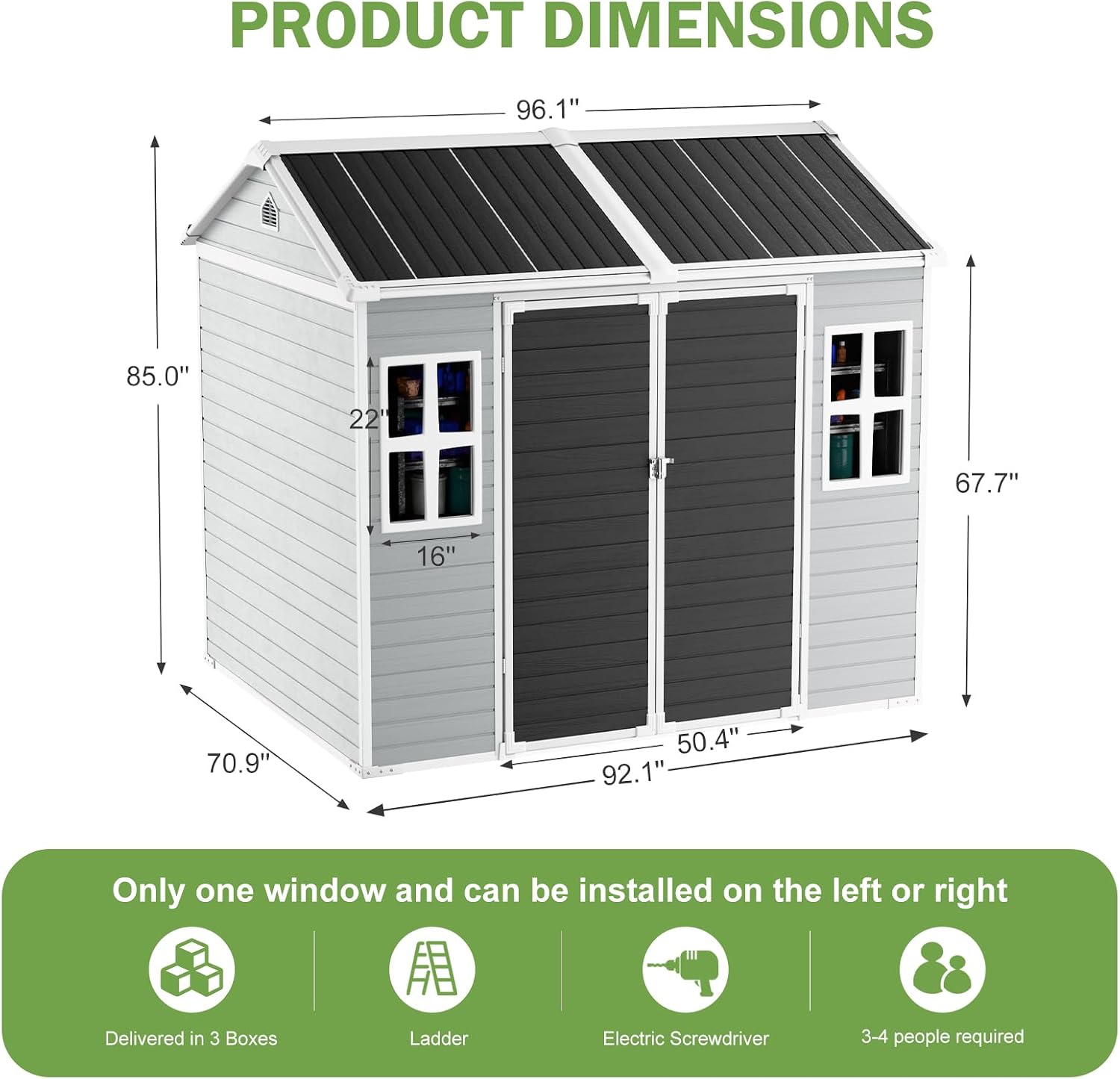 8x6 FT Resin Shed, Waterproof Outdoor Storage Shed w/Floor, 2 Windows, Double Doors & Vents, Tool Shed for Patio Garden, Lawn, Backyard, Grey