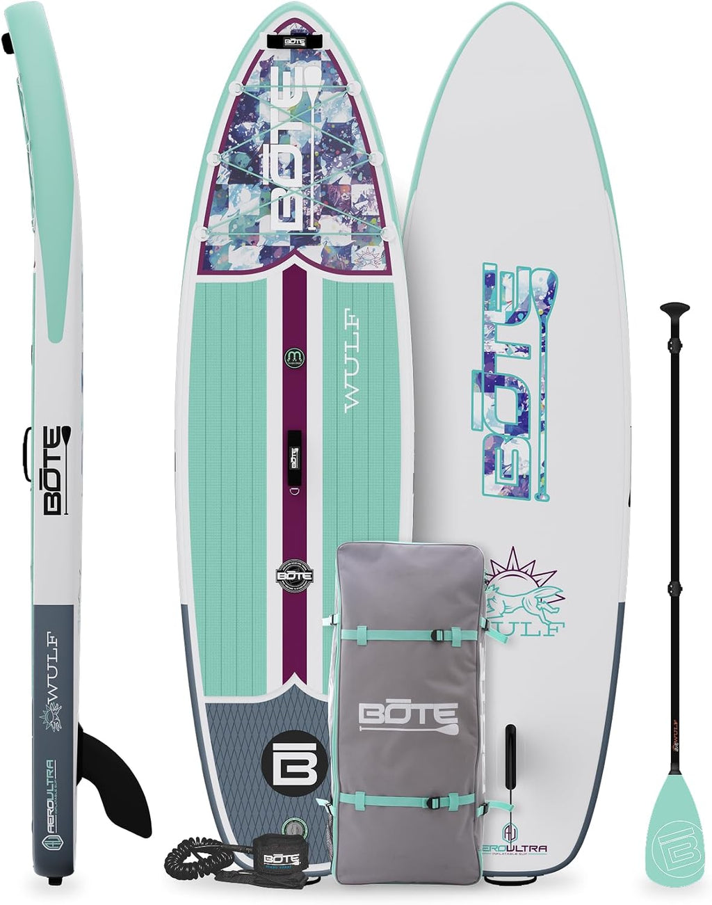 BOTE Wulf Aero Inflatable Stand Up Paddle Board Kit Includes Accessories Adjustable Paddle iSUP Travel Bag Blow Up Pump Safety SUP Coiled Leash Multiple Sizes