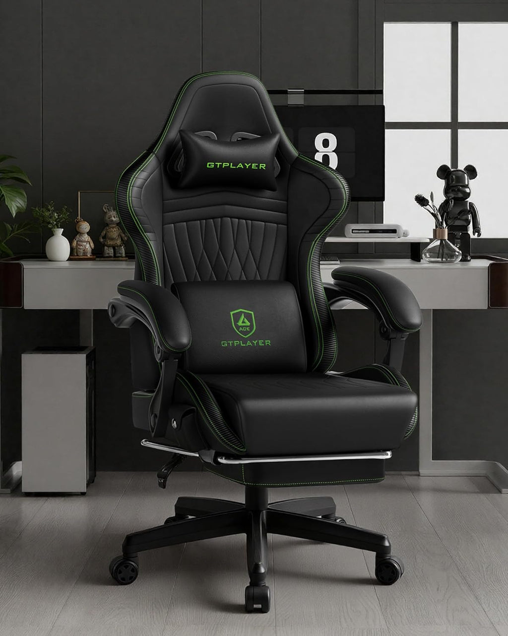GTPLAYER Gaming Chair for Adults, Ergonomic Video Game Chairs, Footrest & Linkage Armrest, Reclining High Back Silla Gamer with Speakers for Home Office, Ace Pro, Black & Green