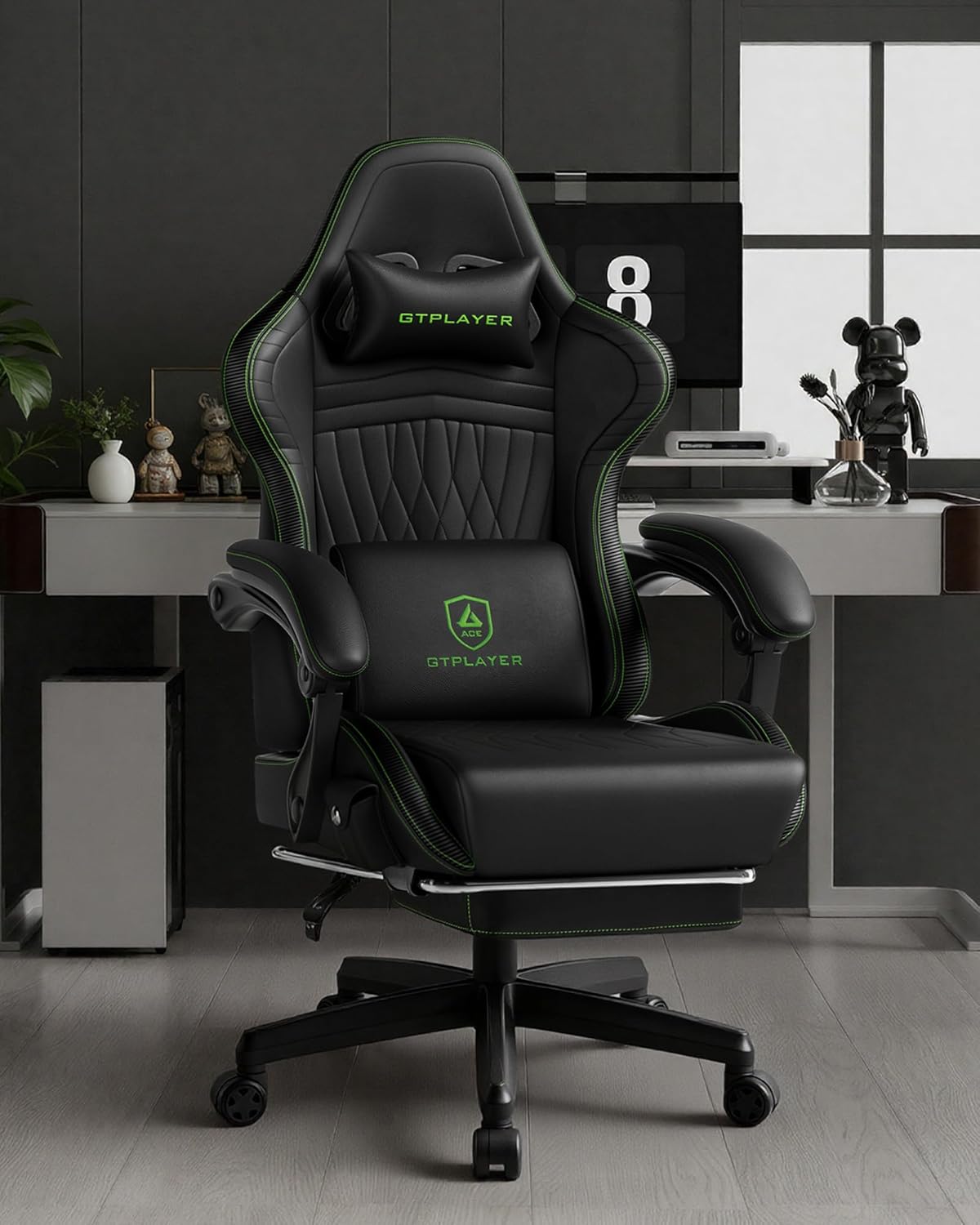 GTPLAYER Gaming Chair for Adults, Ergonomic Video Game Chairs, Footrest & Linkage Armrest, Reclining High Back Silla Gamer with Speakers for Home Office, Ace Pro, Black & Green