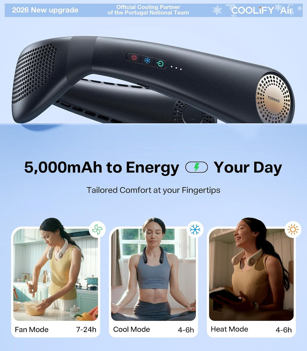 TORRAS COOLiFY Air 2026 Upgraded Neck Fan Air Conditioner, Dual-Airflow Pro Cooling, Ultra Light Portable Fan Rechargeable, Personal Cooling Fan Travel Essentials, Gift for Mom Wife Mother, Black