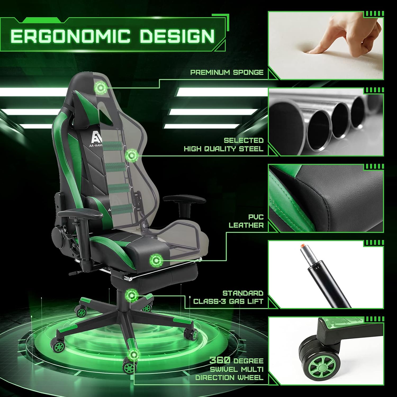 Gaming Chair High Back Ergonomic Computer Racing Chair Adjustable Office Chair with Footrest, Lumbar Support Swivel Chair - Upgraded Version Blackgreen