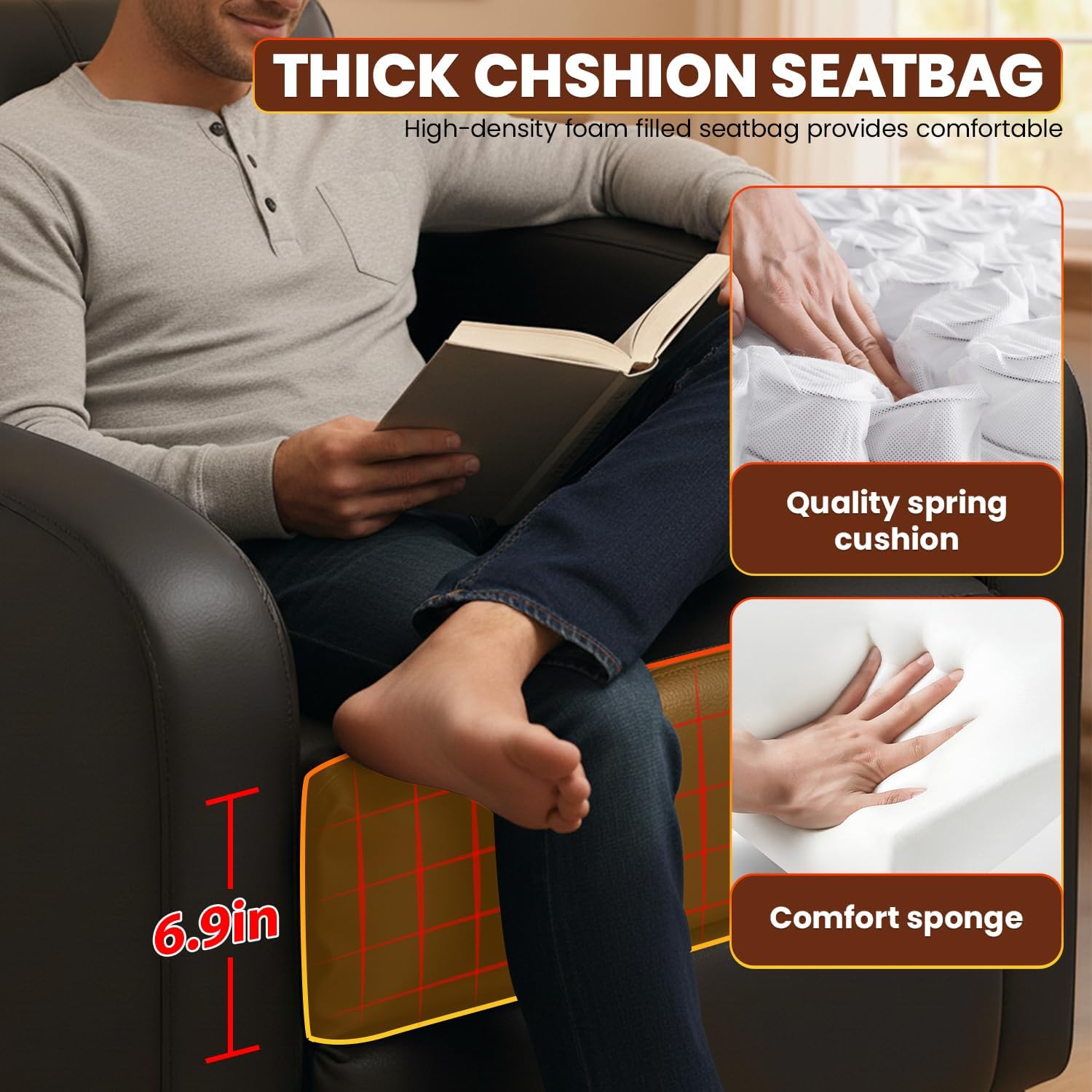 BestMassage Recliner Chair with Adjustable Backrest & Footrest, PU Leather Armchair with Lumbar Support for Living Room, Home Theater, Bedroom (Dark Black)