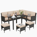 7-Piece Outdoor Patio Furniture Set, Wicker Sectional Sofa with Seat & Back Cushions & 3 Pillows, All-Weather Conversation Set with Long Glass Coffee Table for Garden, Porch, Lawn, Khaki