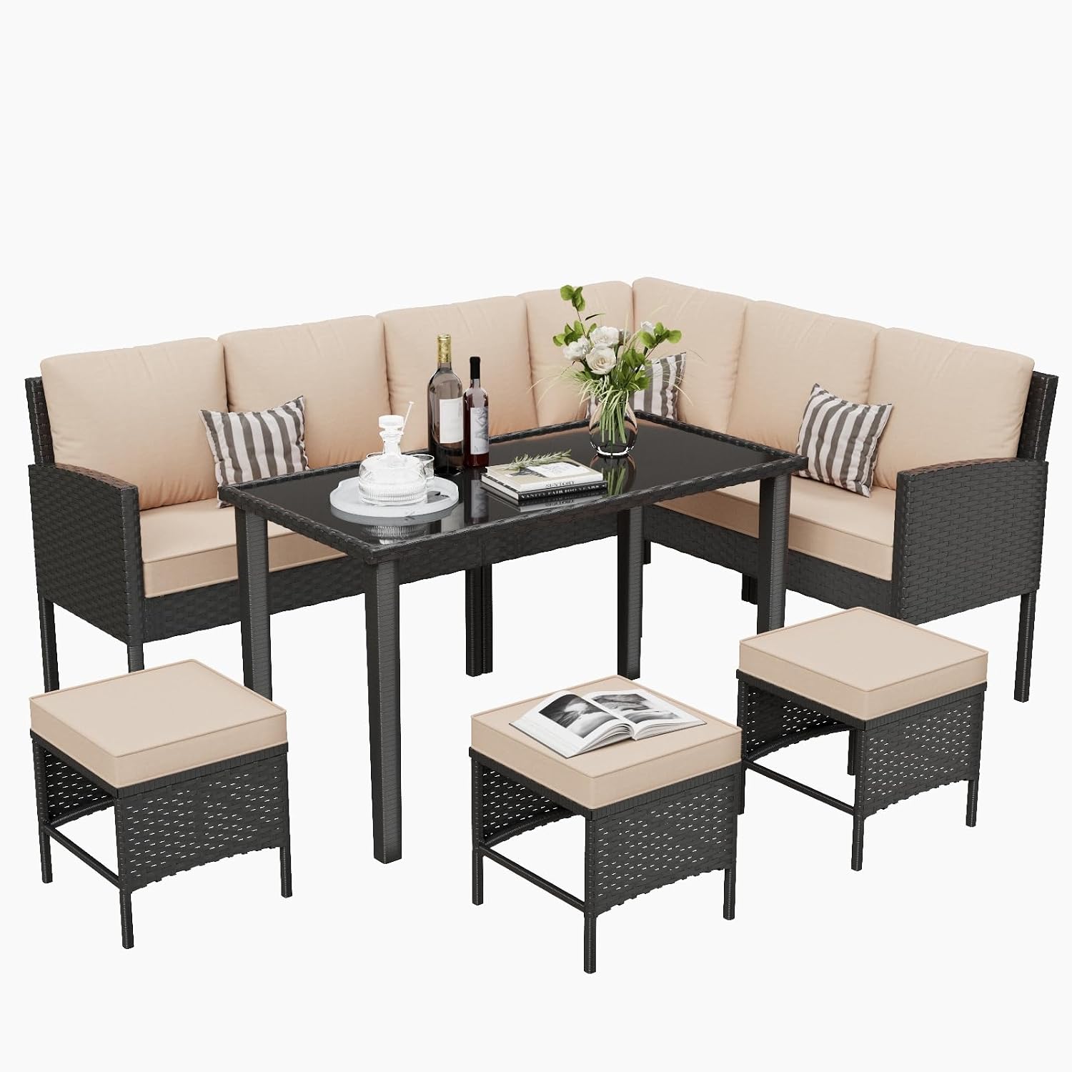 7-Piece Outdoor Patio Furniture Set, Wicker Sectional Sofa with Seat & Back Cushions & 3 Pillows, All-Weather Conversation Set with Long Glass Coffee Table for Garden, Porch, Lawn, Khaki