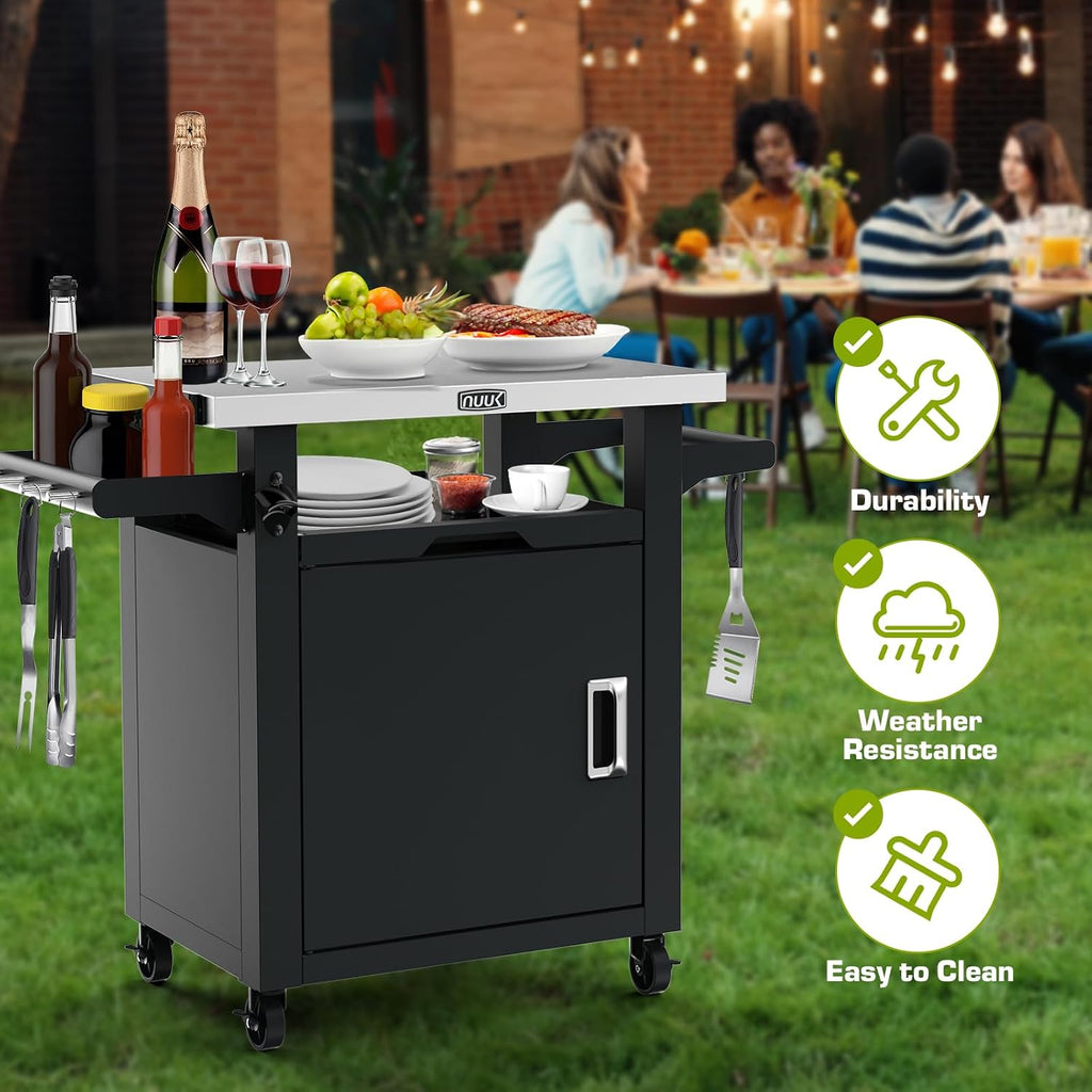 NUUK Grill Table with Storage Cabinet, Outdoor Bar Cart Pizza Oven Table with Wheels, Stainless Steel Top Kitchen Island 20' x 30' Rolling Prep Station for Indoor, BBQ, Deck, Backyard