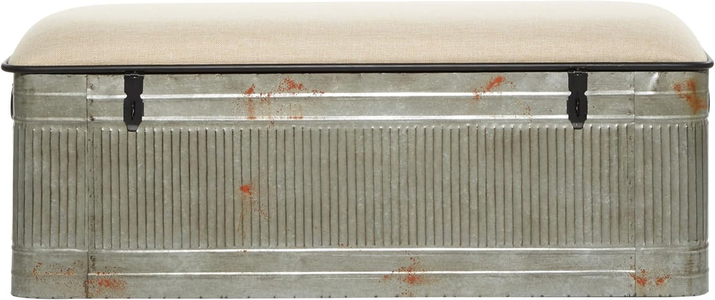 Deco 79 Metal Room Storage Bench Galvanized Entryway Bench with Cream Burlap Top, Bench 50' x 16' x 18', Gray