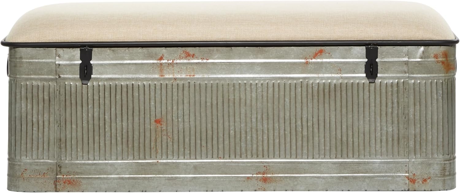 Deco 79 Metal Room Storage Bench Galvanized Entryway Bench with Cream Burlap Top, Bench 50' x 16' x 18', Gray