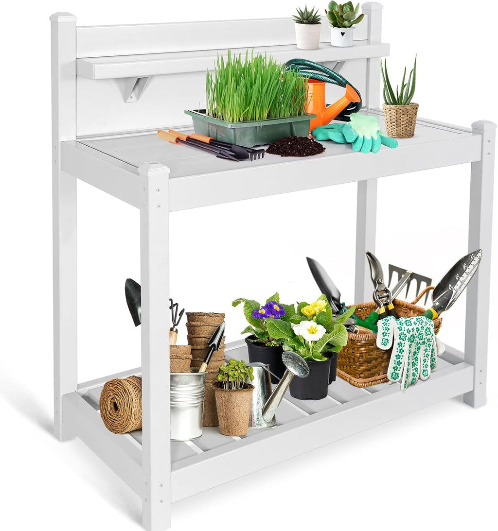 EAGLE PEAK Potting Bench, Weatherproof Vinyl Potting Table for Outdoor & Indoor Use, Easy Clean Garden Workstation with Storage Shelves, White, 40'