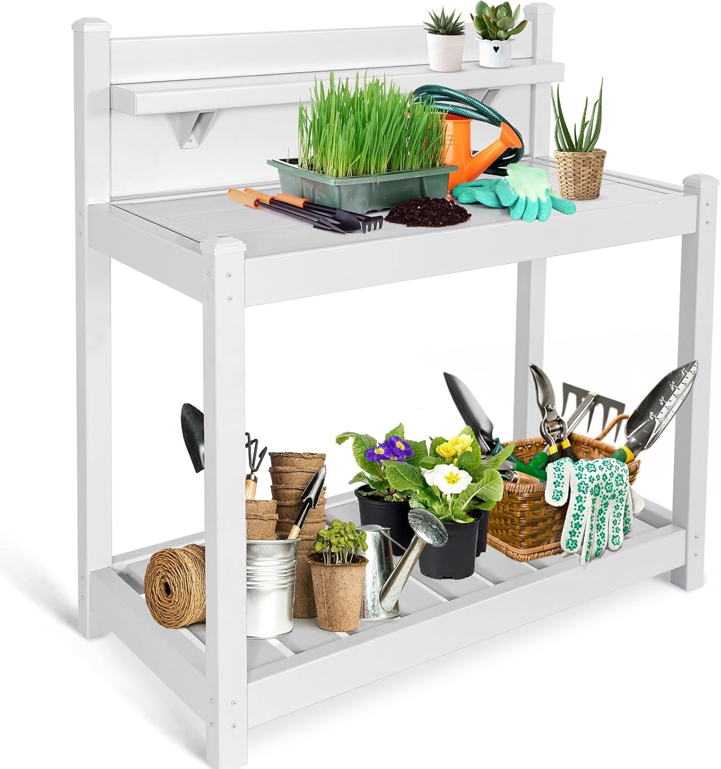 EAGLE PEAK Potting Bench, Weatherproof Vinyl Potting Table for Outdoor & Indoor Use, Easy Clean Garden Workstation with Storage Shelves, White, 40'