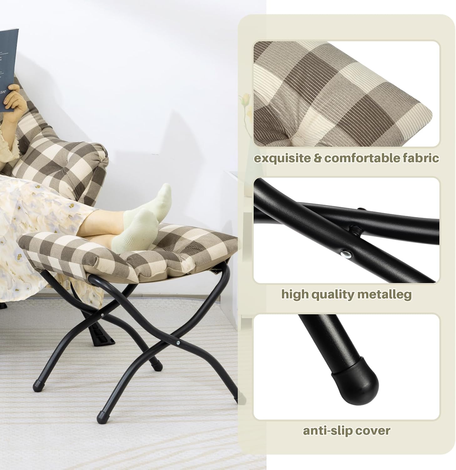 HollyHOME Lazy Chair with Foldable Ottoman, Accent Comfy Lounge Armchair and Folding Footrest Stool, Leisure Sofa Reading Chair and Footstool for Living Room, Bedroom, Dorm,Plaid Pattern